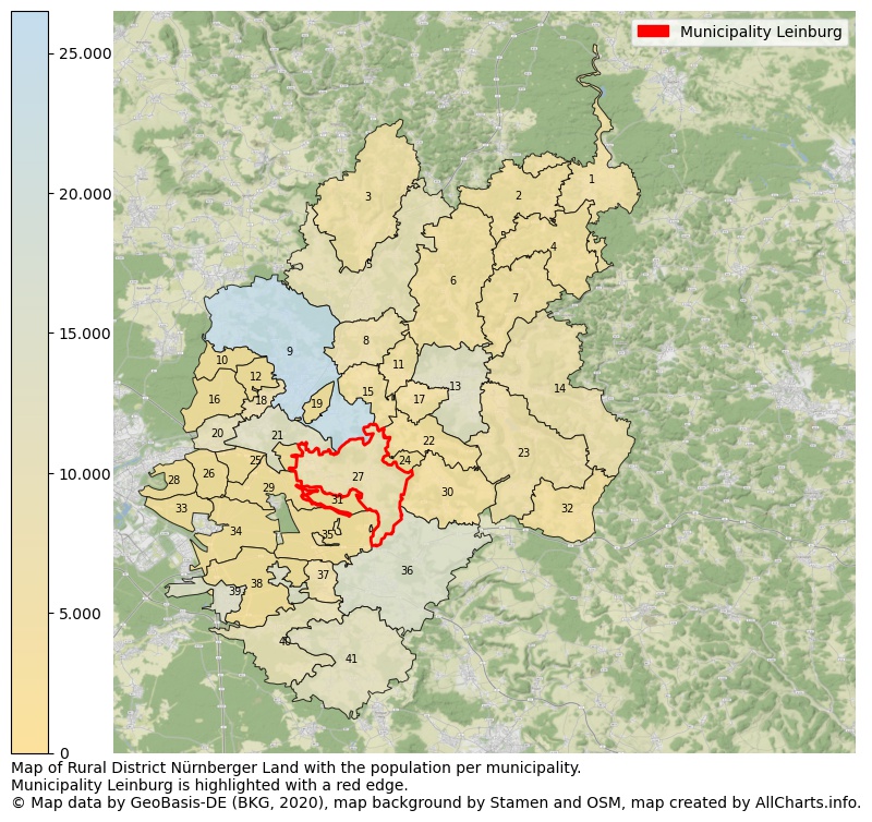 Map of Rural district Nürnberger Land with the population per municipality.Municipality Leinburg is highlighted with a red edge.. This page shows a lot of information about residents (such as the distribution by age groups, family composition, gender, native or German with an immigration background, ...), homes (numbers, types, price development, use, type of property, ...) and more (car ownership, energy consumption, ...) based on open data from the German Federal Agency for Cartography, the Federal Statistical Office (DESTATIS), the Regional Statistical Offices and various other sources!