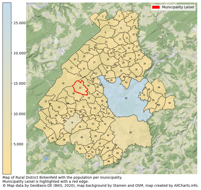Map of Rural district Birkenfeld with the population per municipality.Municipality Leisel is highlighted with a red edge.. This page shows a lot of information about residents (such as the distribution by age groups, family composition, gender, native or German with an immigration background, ...), homes (numbers, types, price development, use, type of property, ...) and more (car ownership, energy consumption, ...) based on open data from the German Federal Agency for Cartography, the Federal Statistical Office (DESTATIS), the Regional Statistical Offices and various other sources!