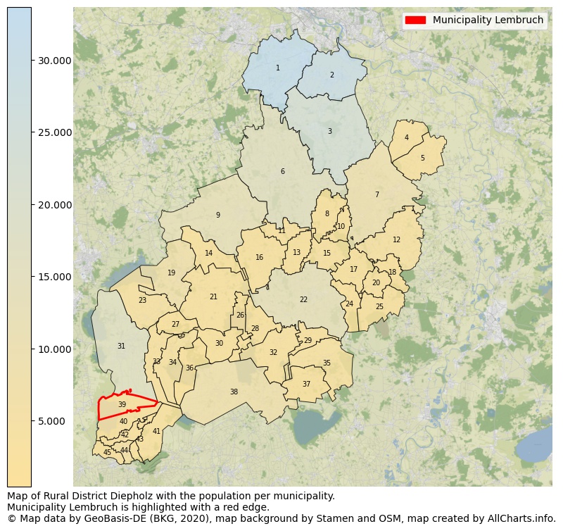 Map of Rural district Diepholz with the population per municipality.Municipality Lembruch is highlighted with a red edge.. This page shows a lot of information about residents (such as the distribution by age groups, family composition, gender, native or German with an immigration background, ...), homes (numbers, types, price development, use, type of property, ...) and more (car ownership, energy consumption, ...) based on open data from the German Federal Agency for Cartography, the Federal Statistical Office (DESTATIS), the Regional Statistical Offices and various other sources!