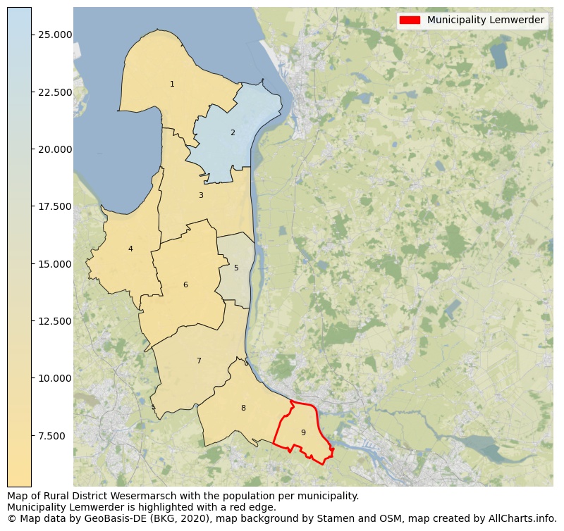 Map of Rural district Wesermarsch with the population per municipality.Municipality Lemwerder is highlighted with a red edge.. This page shows a lot of information about residents (such as the distribution by age groups, family composition, gender, native or German with an immigration background, ...), homes (numbers, types, price development, use, type of property, ...) and more (car ownership, energy consumption, ...) based on open data from the German Federal Agency for Cartography, the Federal Statistical Office (DESTATIS), the Regional Statistical Offices and various other sources!