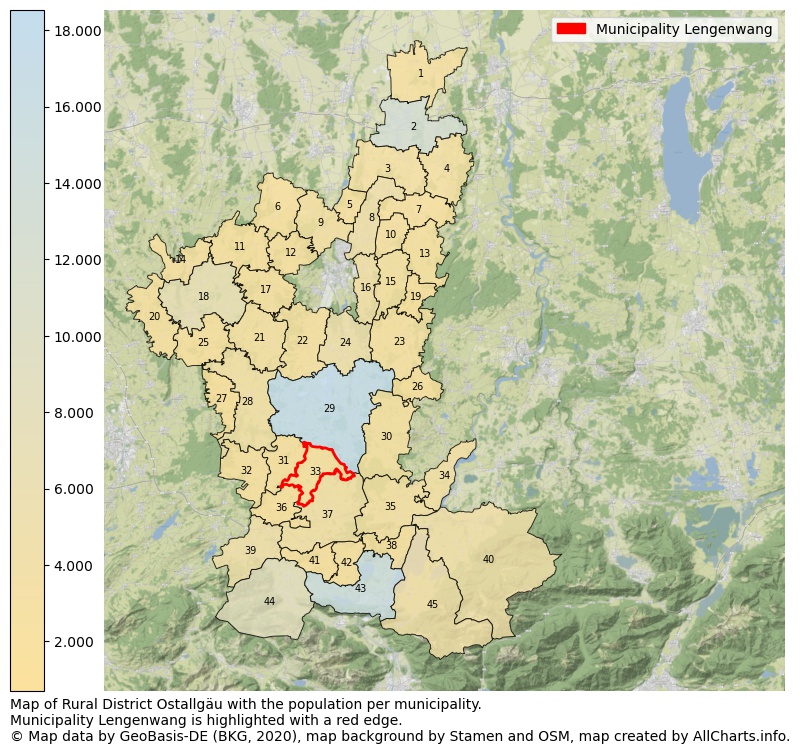 Map of Rural district Ostallgäu with the population per municipality.Municipality Lengenwang is highlighted with a red edge.. This page shows a lot of information about residents (such as the distribution by age groups, family composition, gender, native or German with an immigration background, ...), homes (numbers, types, price development, use, type of property, ...) and more (car ownership, energy consumption, ...) based on open data from the German Federal Agency for Cartography, the Federal Statistical Office (DESTATIS), the Regional Statistical Offices and various other sources!
