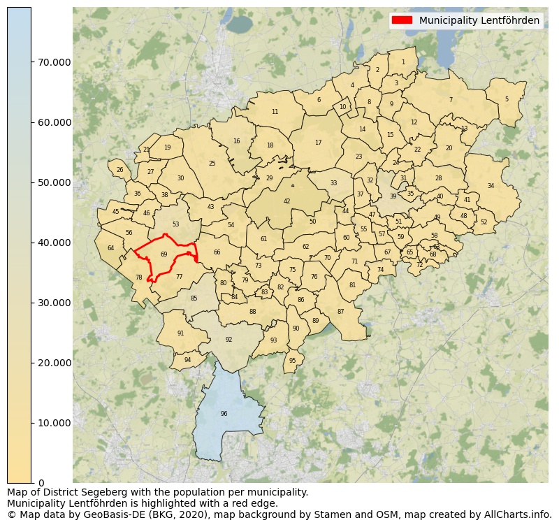 Map of District Segeberg with the population per municipality.Municipality Lentföhrden is highlighted with a red edge.. This page shows a lot of information about residents (such as the distribution by age groups, family composition, gender, native or German with an immigration background, ...), homes (numbers, types, price development, use, type of property, ...) and more (car ownership, energy consumption, ...) based on open data from the German Federal Agency for Cartography, the Federal Statistical Office (DESTATIS), the Regional Statistical Offices and various other sources!