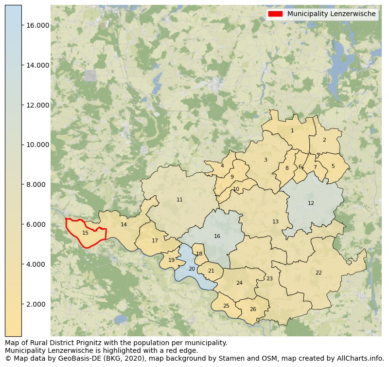 Map of Rural district Prignitz with the population per municipality.Municipality Lenzerwische is highlighted with a red edge.. This page shows a lot of information about residents (such as the distribution by age groups, family composition, gender, native or German with an immigration background, ...), homes (numbers, types, price development, use, type of property, ...) and more (car ownership, energy consumption, ...) based on open data from the German Federal Agency for Cartography, the Federal Statistical Office (DESTATIS), the Regional Statistical Offices and various other sources!