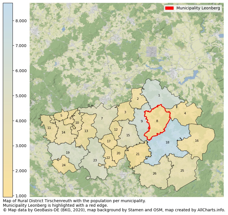 Map of Rural district Tirschenreuth with the population per municipality.Municipality Leonberg is highlighted with a red edge.. This page shows a lot of information about residents (such as the distribution by age groups, family composition, gender, native or German with an immigration background, ...), homes (numbers, types, price development, use, type of property, ...) and more (car ownership, energy consumption, ...) based on open data from the German Federal Agency for Cartography, the Federal Statistical Office (DESTATIS), the Regional Statistical Offices and various other sources!