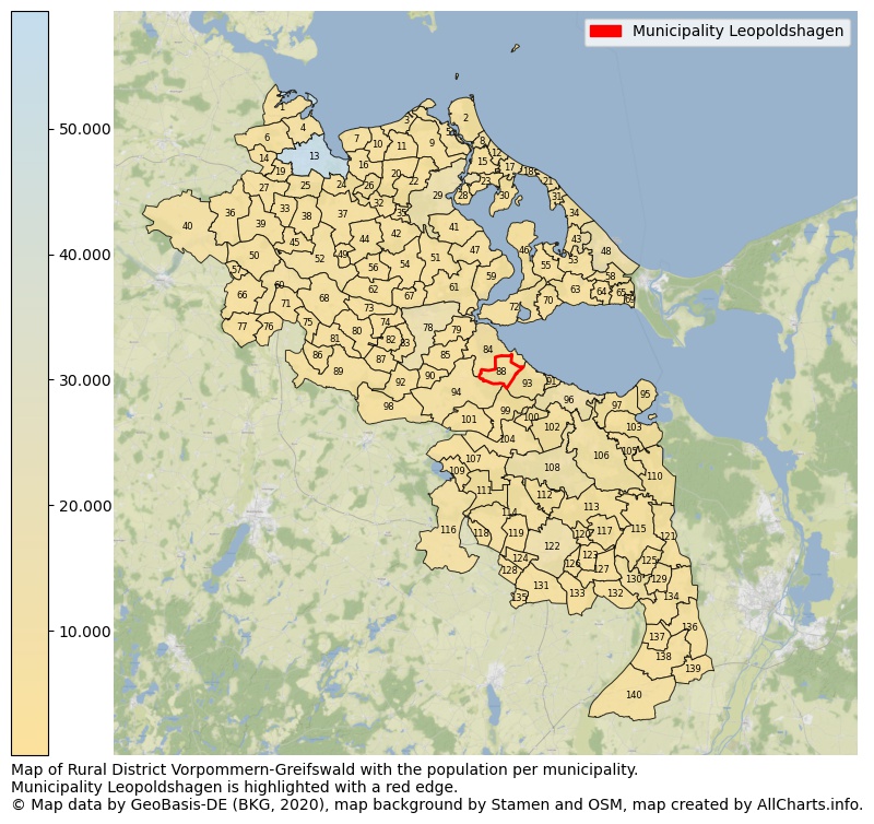Map of Rural district Vorpommern-Greifswald with the population per municipality.Municipality Leopoldshagen is highlighted with a red edge.. This page shows a lot of information about residents (such as the distribution by age groups, family composition, gender, native or German with an immigration background, ...), homes (numbers, types, price development, use, type of property, ...) and more (car ownership, energy consumption, ...) based on open data from the German Federal Agency for Cartography, the Federal Statistical Office (DESTATIS), the Regional Statistical Offices and various other sources!