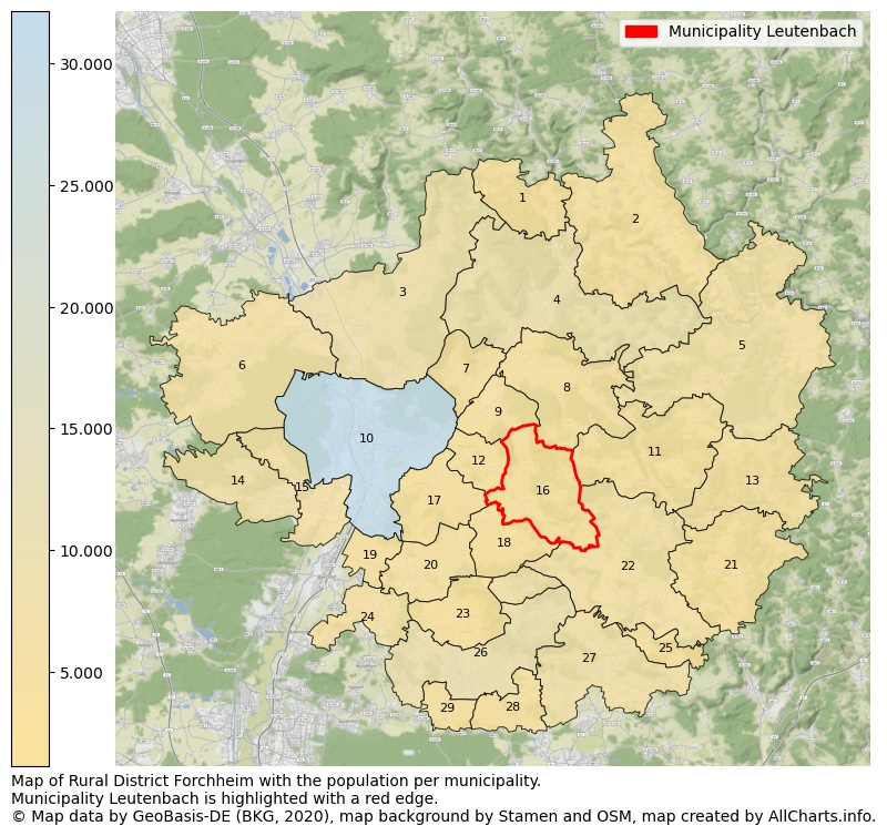 Map of Rural district Forchheim with the population per municipality.Municipality Leutenbach is highlighted with a red edge.. This page shows a lot of information about residents (such as the distribution by age groups, family composition, gender, native or German with an immigration background, ...), homes (numbers, types, price development, use, type of property, ...) and more (car ownership, energy consumption, ...) based on open data from the German Federal Agency for Cartography, the Federal Statistical Office (DESTATIS), the Regional Statistical Offices and various other sources!