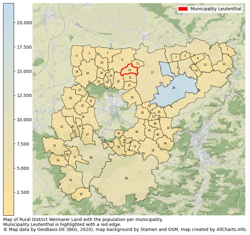 Map of Rural district Weimarer Land with the population per municipality.Municipality Leutenthal is highlighted with a red edge.. This page shows a lot of information about residents (such as the distribution by age groups, family composition, gender, native or German with an immigration background, ...), homes (numbers, types, price development, use, type of property, ...) and more (car ownership, energy consumption, ...) based on open data from the German Federal Agency for Cartography, the Federal Statistical Office (DESTATIS), the Regional Statistical Offices and various other sources!