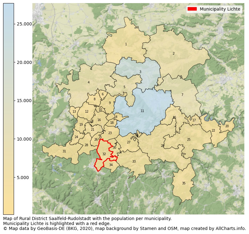 Map of Rural district Saalfeld-Rudolstadt with the population per municipality.Municipality Lichte is highlighted with a red edge.. This page shows a lot of information about residents (such as the distribution by age groups, family composition, gender, native or German with an immigration background, ...), homes (numbers, types, price development, use, type of property, ...) and more (car ownership, energy consumption, ...) based on open data from the German Federal Agency for Cartography, the Federal Statistical Office (DESTATIS), the Regional Statistical Offices and various other sources!