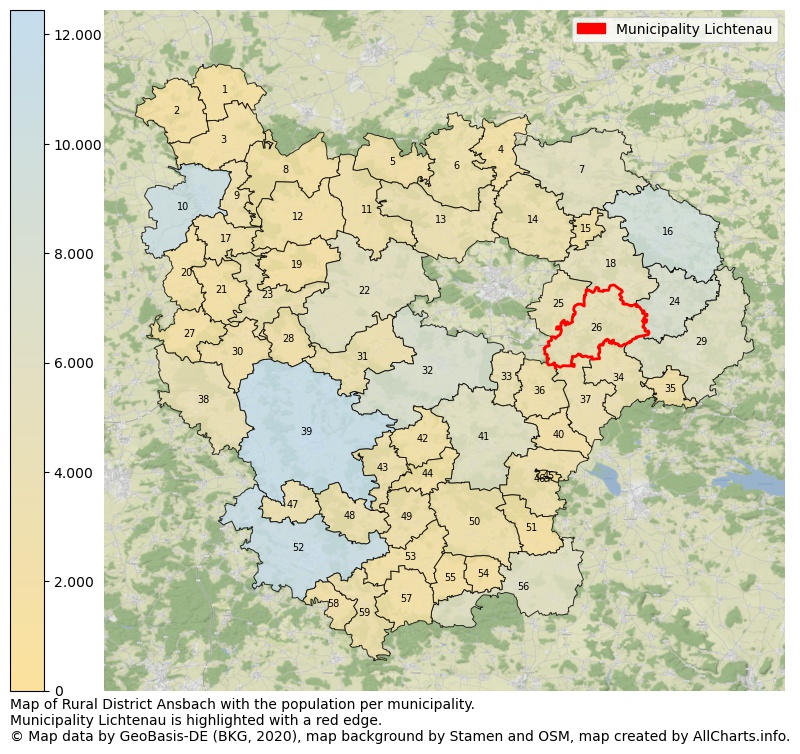 Map of Rural district Ansbach with the population per municipality.Municipality Lichtenau is highlighted with a red edge.. This page shows a lot of information about residents (such as the distribution by age groups, family composition, gender, native or German with an immigration background, ...), homes (numbers, types, price development, use, type of property, ...) and more (car ownership, energy consumption, ...) based on open data from the German Federal Agency for Cartography, the Federal Statistical Office (DESTATIS), the Regional Statistical Offices and various other sources!