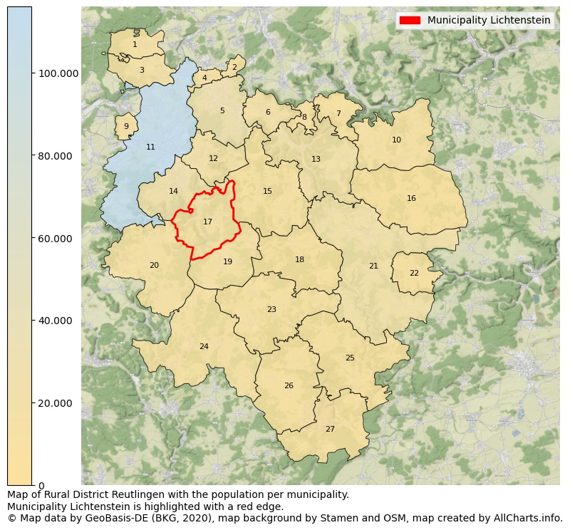 Map of Rural district Reutlingen with the population per municipality.Municipality Lichtenstein is highlighted with a red edge.. This page shows a lot of information about residents (such as the distribution by age groups, family composition, gender, native or German with an immigration background, ...), homes (numbers, types, price development, use, type of property, ...) and more (car ownership, energy consumption, ...) based on open data from the German Federal Agency for Cartography, the Federal Statistical Office (DESTATIS), the Regional Statistical Offices and various other sources!