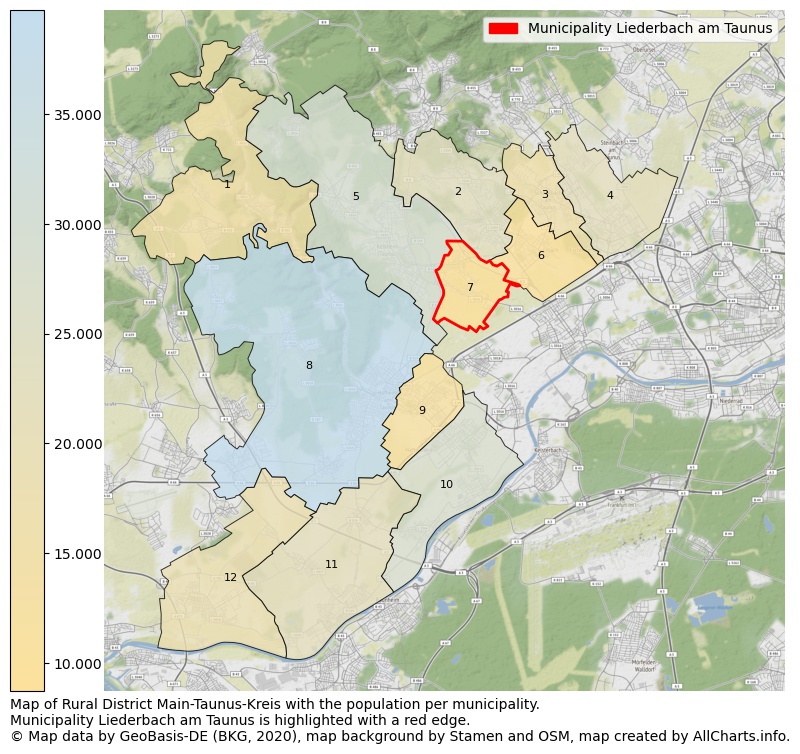 Map of Rural district Main-Taunus-Kreis with the population per municipality.Municipality Liederbach am Taunus is highlighted with a red edge.. This page shows a lot of information about residents (such as the distribution by age groups, family composition, gender, native or German with an immigration background, ...), homes (numbers, types, price development, use, type of property, ...) and more (car ownership, energy consumption, ...) based on open data from the German Federal Agency for Cartography, the Federal Statistical Office (DESTATIS), the Regional Statistical Offices and various other sources!