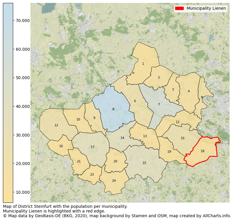 Map of District Steinfurt with the population per municipality.Municipality Lienen is highlighted with a red edge.. This page shows a lot of information about residents (such as the distribution by age groups, family composition, gender, native or German with an immigration background, ...), homes (numbers, types, price development, use, type of property, ...) and more (car ownership, energy consumption, ...) based on open data from the German Federal Agency for Cartography, the Federal Statistical Office (DESTATIS), the Regional Statistical Offices and various other sources!