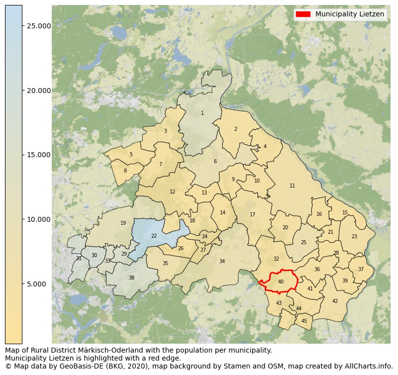 Map of Rural district Märkisch-Oderland with the population per municipality.Municipality Lietzen is highlighted with a red edge.. This page shows a lot of information about residents (such as the distribution by age groups, family composition, gender, native or German with an immigration background, ...), homes (numbers, types, price development, use, type of property, ...) and more (car ownership, energy consumption, ...) based on open data from the German Federal Agency for Cartography, the Federal Statistical Office (DESTATIS), the Regional Statistical Offices and various other sources!