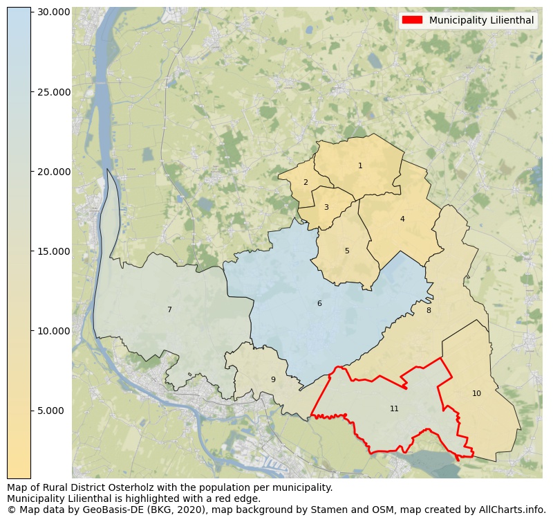 Map of Rural district Osterholz with the population per municipality.Municipality Lilienthal is highlighted with a red edge.. This page shows a lot of information about residents (such as the distribution by age groups, family composition, gender, native or German with an immigration background, ...), homes (numbers, types, price development, use, type of property, ...) and more (car ownership, energy consumption, ...) based on open data from the German Federal Agency for Cartography, the Federal Statistical Office (DESTATIS), the Regional Statistical Offices and various other sources!