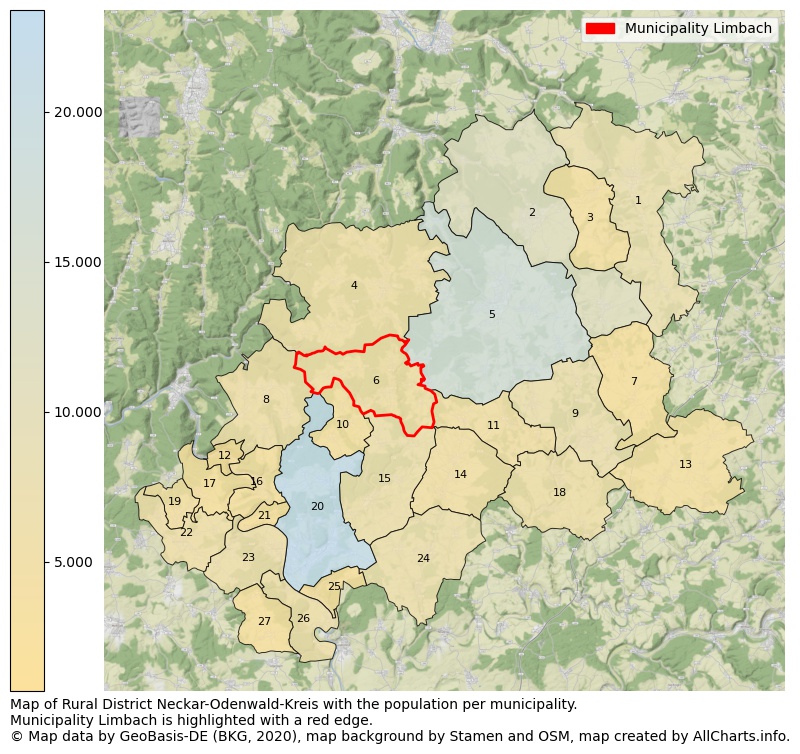 Map of Rural district Neckar-Odenwald-Kreis with the population per municipality.Municipality Limbach is highlighted with a red edge.. This page shows a lot of information about residents (such as the distribution by age groups, family composition, gender, native or German with an immigration background, ...), homes (numbers, types, price development, use, type of property, ...) and more (car ownership, energy consumption, ...) based on open data from the German Federal Agency for Cartography, the Federal Statistical Office (DESTATIS), the Regional Statistical Offices and various other sources!