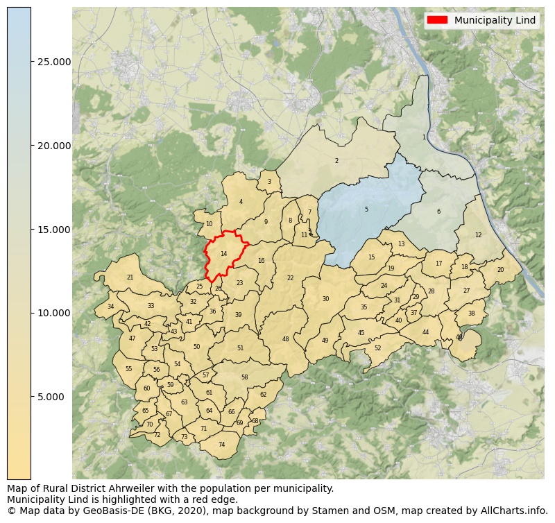 Map of Rural district Ahrweiler with the population per municipality.Municipality Lind is highlighted with a red edge.. This page shows a lot of information about residents (such as the distribution by age groups, family composition, gender, native or German with an immigration background, ...), homes (numbers, types, price development, use, type of property, ...) and more (car ownership, energy consumption, ...) based on open data from the German Federal Agency for Cartography, the Federal Statistical Office (DESTATIS), the Regional Statistical Offices and various other sources!