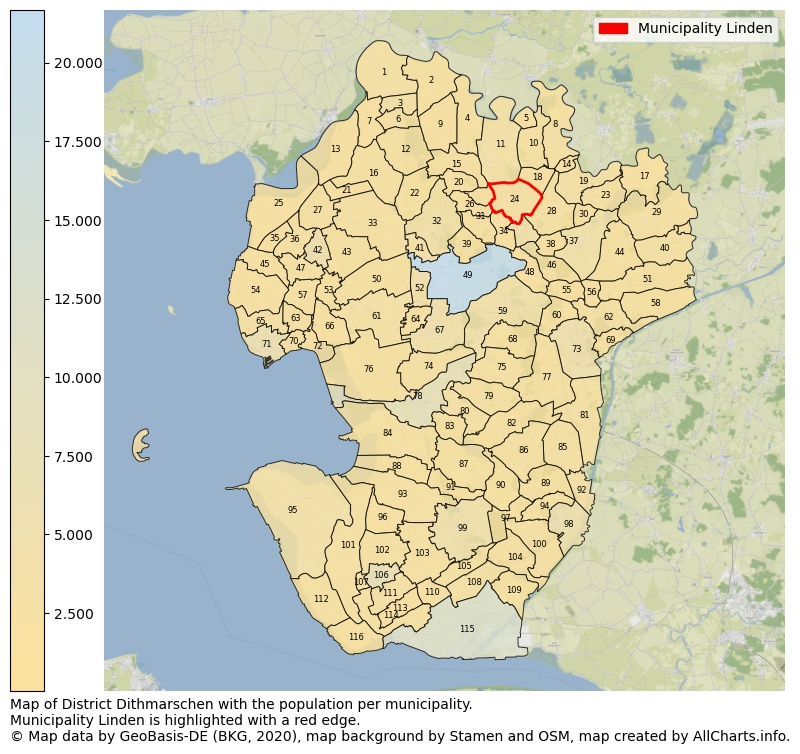 Map of District Dithmarschen with the population per municipality.Municipality Linden is highlighted with a red edge.. This page shows a lot of information about residents (such as the distribution by age groups, family composition, gender, native or German with an immigration background, ...), homes (numbers, types, price development, use, type of property, ...) and more (car ownership, energy consumption, ...) based on open data from the German Federal Agency for Cartography, the Federal Statistical Office (DESTATIS), the Regional Statistical Offices and various other sources!