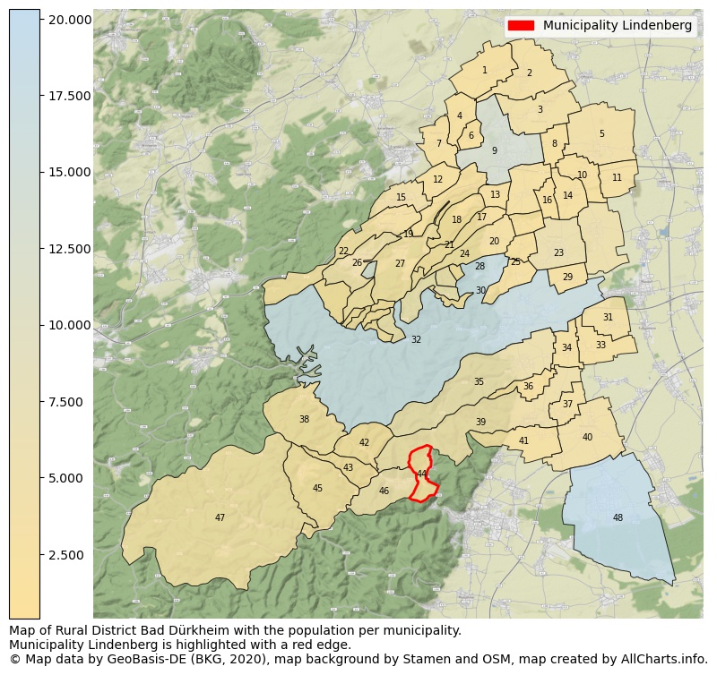 Map of Rural district Bad Dürkheim with the population per municipality.Municipality Lindenberg is highlighted with a red edge.. This page shows a lot of information about residents (such as the distribution by age groups, family composition, gender, native or German with an immigration background, ...), homes (numbers, types, price development, use, type of property, ...) and more (car ownership, energy consumption, ...) based on open data from the German Federal Agency for Cartography, the Federal Statistical Office (DESTATIS), the Regional Statistical Offices and various other sources!