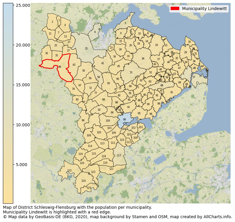 Map of District Schleswig-Flensburg with the population per municipality.Municipality Lindewitt is highlighted with a red edge.. This page shows a lot of information about residents (such as the distribution by age groups, family composition, gender, native or German with an immigration background, ...), homes (numbers, types, price development, use, type of property, ...) and more (car ownership, energy consumption, ...) based on open data from the German Federal Agency for Cartography, the Federal Statistical Office (DESTATIS), the Regional Statistical Offices and various other sources!