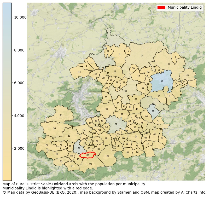 Map of Rural district Saale-Holzland-Kreis with the population per municipality.Municipality Lindig is highlighted with a red edge.. This page shows a lot of information about residents (such as the distribution by age groups, family composition, gender, native or German with an immigration background, ...), homes (numbers, types, price development, use, type of property, ...) and more (car ownership, energy consumption, ...) based on open data from the German Federal Agency for Cartography, the Federal Statistical Office (DESTATIS), the Regional Statistical Offices and various other sources!