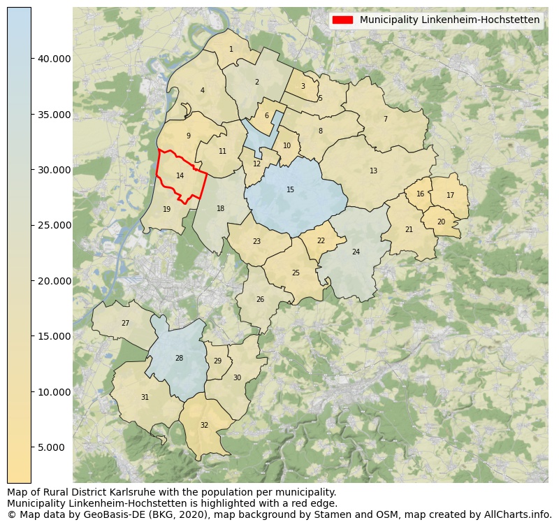 Map of Rural district Karlsruhe with the population per municipality.Municipality Linkenheim-Hochstetten is highlighted with a red edge.. This page shows a lot of information about residents (such as the distribution by age groups, family composition, gender, native or German with an immigration background, ...), homes (numbers, types, price development, use, type of property, ...) and more (car ownership, energy consumption, ...) based on open data from the German Federal Agency for Cartography, the Federal Statistical Office (DESTATIS), the Regional Statistical Offices and various other sources!