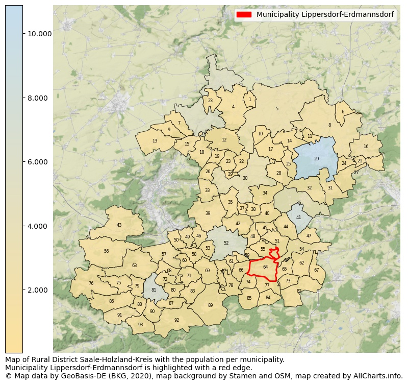 Map of Rural district Saale-Holzland-Kreis with the population per municipality.Municipality Lippersdorf-Erdmannsdorf is highlighted with a red edge.. This page shows a lot of information about residents (such as the distribution by age groups, family composition, gender, native or German with an immigration background, ...), homes (numbers, types, price development, use, type of property, ...) and more (car ownership, energy consumption, ...) based on open data from the German Federal Agency for Cartography, the Federal Statistical Office (DESTATIS), the Regional Statistical Offices and various other sources!