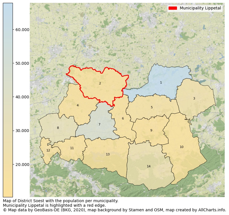 Map of District Soest with the population per municipality.Municipality Lippetal is highlighted with a red edge.. This page shows a lot of information about residents (such as the distribution by age groups, family composition, gender, native or German with an immigration background, ...), homes (numbers, types, price development, use, type of property, ...) and more (car ownership, energy consumption, ...) based on open data from the German Federal Agency for Cartography, the Federal Statistical Office (DESTATIS), the Regional Statistical Offices and various other sources!