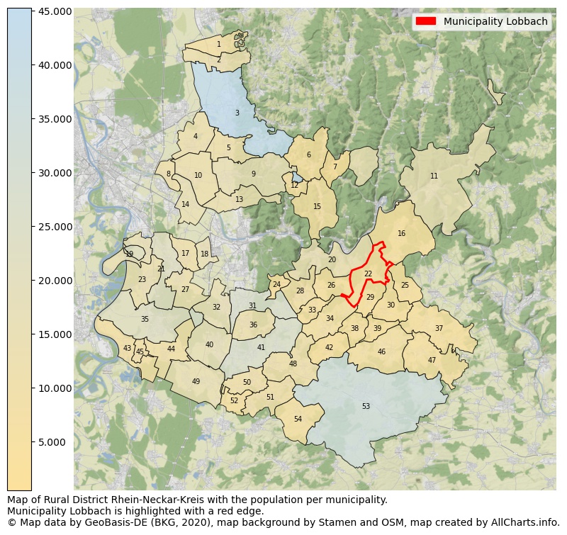 Map of Rural district Rhein-Neckar-Kreis with the population per municipality.Municipality Lobbach is highlighted with a red edge.. This page shows a lot of information about residents (such as the distribution by age groups, family composition, gender, native or German with an immigration background, ...), homes (numbers, types, price development, use, type of property, ...) and more (car ownership, energy consumption, ...) based on open data from the German Federal Agency for Cartography, the Federal Statistical Office (DESTATIS), the Regional Statistical Offices and various other sources!