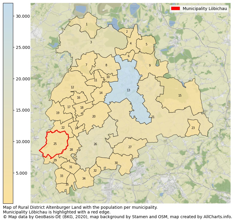 Map of Rural district Altenburger Land with the population per municipality.Municipality Löbichau is highlighted with a red edge.. This page shows a lot of information about residents (such as the distribution by age groups, family composition, gender, native or German with an immigration background, ...), homes (numbers, types, price development, use, type of property, ...) and more (car ownership, energy consumption, ...) based on open data from the German Federal Agency for Cartography, the Federal Statistical Office (DESTATIS), the Regional Statistical Offices and various other sources!