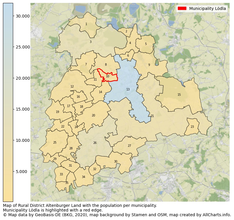 Map of Rural district Altenburger Land with the population per municipality.Municipality Lödla is highlighted with a red edge.. This page shows a lot of information about residents (such as the distribution by age groups, family composition, gender, native or German with an immigration background, ...), homes (numbers, types, price development, use, type of property, ...) and more (car ownership, energy consumption, ...) based on open data from the German Federal Agency for Cartography, the Federal Statistical Office (DESTATIS), the Regional Statistical Offices and various other sources!