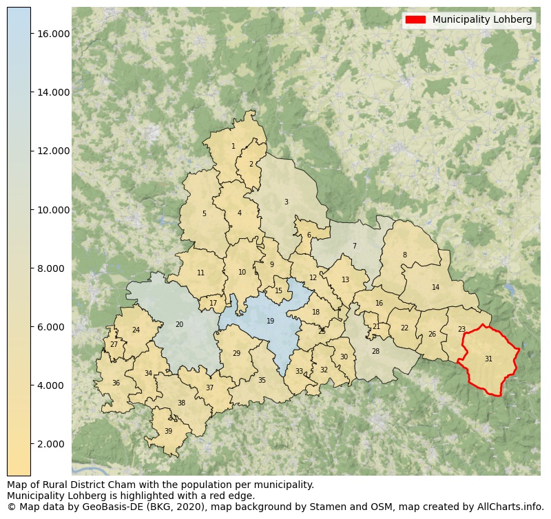 Map of Rural district Cham with the population per municipality.Municipality Lohberg is highlighted with a red edge.. This page shows a lot of information about residents (such as the distribution by age groups, family composition, gender, native or German with an immigration background, ...), homes (numbers, types, price development, use, type of property, ...) and more (car ownership, energy consumption, ...) based on open data from the German Federal Agency for Cartography, the Federal Statistical Office (DESTATIS), the Regional Statistical Offices and various other sources!