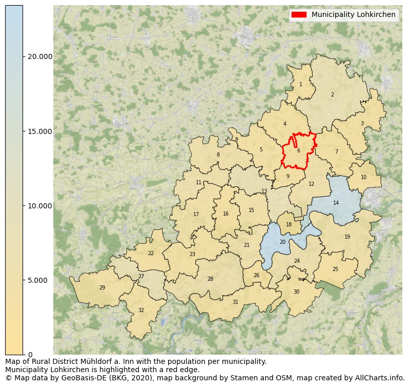 Map of Rural district Mühldorf a. Inn with the population per municipality.Municipality Lohkirchen is highlighted with a red edge.. This page shows a lot of information about residents (such as the distribution by age groups, family composition, gender, native or German with an immigration background, ...), homes (numbers, types, price development, use, type of property, ...) and more (car ownership, energy consumption, ...) based on open data from the German Federal Agency for Cartography, the Federal Statistical Office (DESTATIS), the Regional Statistical Offices and various other sources!