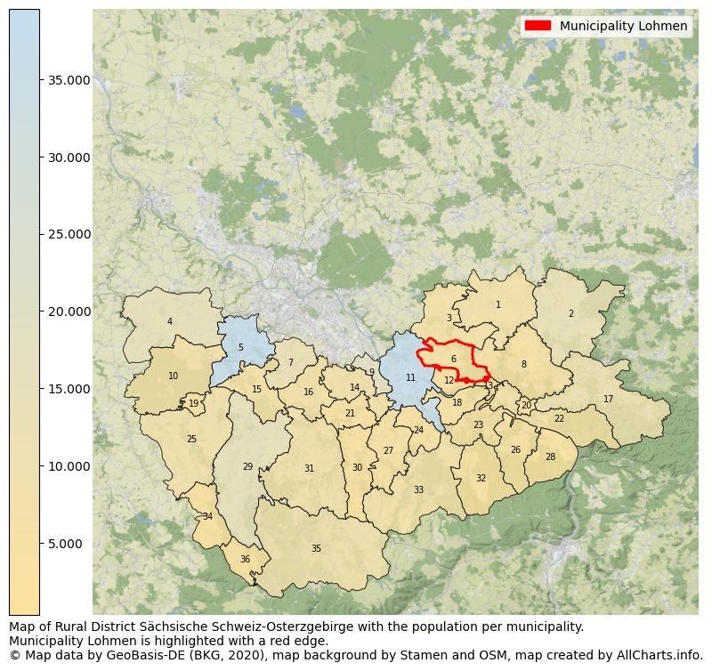 Map of Rural district Sächsische Schweiz-Osterzgebirge with the population per municipality.Municipality Lohmen is highlighted with a red edge.. This page shows a lot of information about residents (such as the distribution by age groups, family composition, gender, native or German with an immigration background, ...), homes (numbers, types, price development, use, type of property, ...) and more (car ownership, energy consumption, ...) based on open data from the German Federal Agency for Cartography, the Federal Statistical Office (DESTATIS), the Regional Statistical Offices and various other sources!