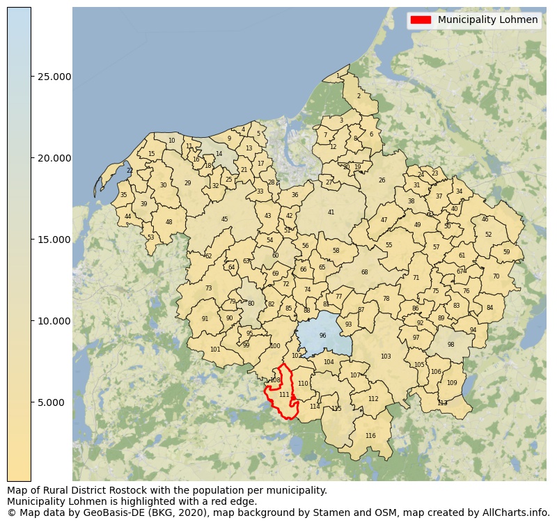Map of Rural district Rostock with the population per municipality.Municipality Lohmen is highlighted with a red edge.. This page shows a lot of information about residents (such as the distribution by age groups, family composition, gender, native or German with an immigration background, ...), homes (numbers, types, price development, use, type of property, ...) and more (car ownership, energy consumption, ...) based on open data from the German Federal Agency for Cartography, the Federal Statistical Office (DESTATIS), the Regional Statistical Offices and various other sources!