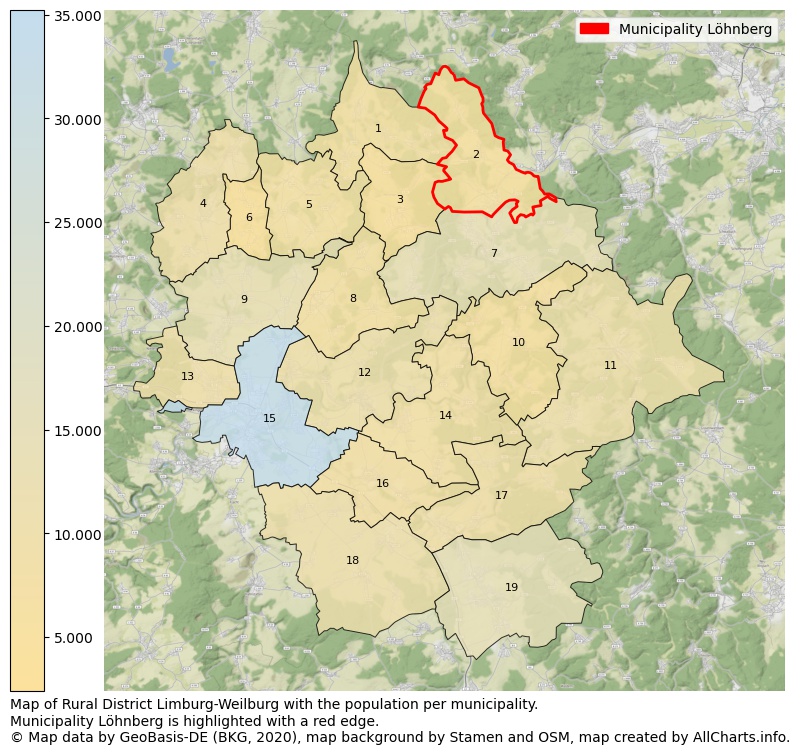 Map of Rural district Limburg-Weilburg with the population per municipality.Municipality Löhnberg is highlighted with a red edge.. This page shows a lot of information about residents (such as the distribution by age groups, family composition, gender, native or German with an immigration background, ...), homes (numbers, types, price development, use, type of property, ...) and more (car ownership, energy consumption, ...) based on open data from the German Federal Agency for Cartography, the Federal Statistical Office (DESTATIS), the Regional Statistical Offices and various other sources!