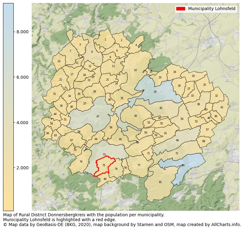 Map of Rural district Donnersbergkreis with the population per municipality.Municipality Lohnsfeld is highlighted with a red edge.. This page shows a lot of information about residents (such as the distribution by age groups, family composition, gender, native or German with an immigration background, ...), homes (numbers, types, price development, use, type of property, ...) and more (car ownership, energy consumption, ...) based on open data from the German Federal Agency for Cartography, the Federal Statistical Office (DESTATIS), the Regional Statistical Offices and various other sources!