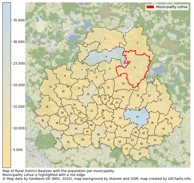 Map of Rural district Bautzen with the population per municipality.Municipality Lohsa is highlighted with a red edge.. This page shows a lot of information about residents (such as the distribution by age groups, family composition, gender, native or German with an immigration background, ...), homes (numbers, types, price development, use, type of property, ...) and more (car ownership, energy consumption, ...) based on open data from the German Federal Agency for Cartography, the Federal Statistical Office (DESTATIS), the Regional Statistical Offices and various other sources!