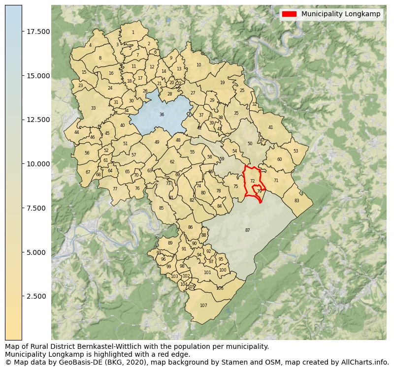 Map of Rural district Bernkastel-Wittlich with the population per municipality.Municipality Longkamp is highlighted with a red edge.. This page shows a lot of information about residents (such as the distribution by age groups, family composition, gender, native or German with an immigration background, ...), homes (numbers, types, price development, use, type of property, ...) and more (car ownership, energy consumption, ...) based on open data from the German Federal Agency for Cartography, the Federal Statistical Office (DESTATIS), the Regional Statistical Offices and various other sources!