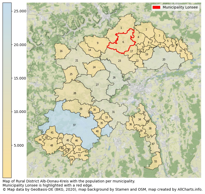 Map of Rural district Alb-Donau-Kreis with the population per municipality.Municipality Lonsee is highlighted with a red edge.. This page shows a lot of information about residents (such as the distribution by age groups, family composition, gender, native or German with an immigration background, ...), homes (numbers, types, price development, use, type of property, ...) and more (car ownership, energy consumption, ...) based on open data from the German Federal Agency for Cartography, the Federal Statistical Office (DESTATIS), the Regional Statistical Offices and various other sources!