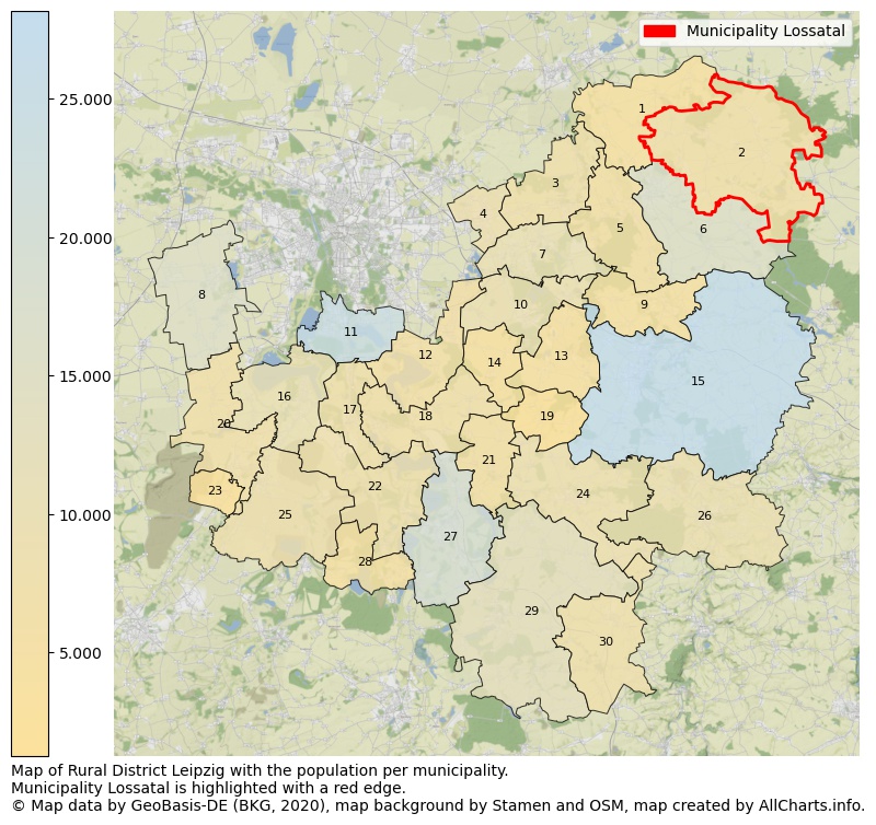 Map of Rural district Leipzig with the population per municipality.Municipality Lossatal is highlighted with a red edge.. This page shows a lot of information about residents (such as the distribution by age groups, family composition, gender, native or German with an immigration background, ...), homes (numbers, types, price development, use, type of property, ...) and more (car ownership, energy consumption, ...) based on open data from the German Federal Agency for Cartography, the Federal Statistical Office (DESTATIS), the Regional Statistical Offices and various other sources!