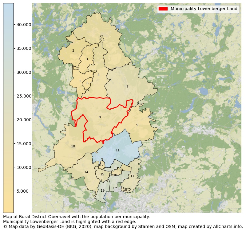 Map of Rural district Oberhavel with the population per municipality.Municipality Löwenberger Land is highlighted with a red edge.. This page shows a lot of information about residents (such as the distribution by age groups, family composition, gender, native or German with an immigration background, ...), homes (numbers, types, price development, use, type of property, ...) and more (car ownership, energy consumption, ...) based on open data from the German Federal Agency for Cartography, the Federal Statistical Office (DESTATIS), the Regional Statistical Offices and various other sources!