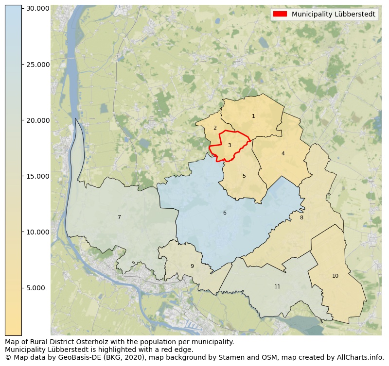 Map of Rural district Osterholz with the population per municipality.Municipality Lübberstedt is highlighted with a red edge.. This page shows a lot of information about residents (such as the distribution by age groups, family composition, gender, native or German with an immigration background, ...), homes (numbers, types, price development, use, type of property, ...) and more (car ownership, energy consumption, ...) based on open data from the German Federal Agency for Cartography, the Federal Statistical Office (DESTATIS), the Regional Statistical Offices and various other sources!