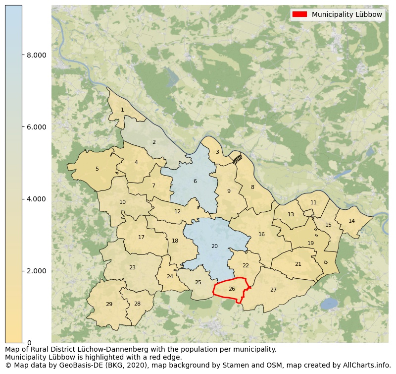 Map of Rural district Lüchow-Dannenberg with the population per municipality.Municipality Lübbow is highlighted with a red edge.. This page shows a lot of information about residents (such as the distribution by age groups, family composition, gender, native or German with an immigration background, ...), homes (numbers, types, price development, use, type of property, ...) and more (car ownership, energy consumption, ...) based on open data from the German Federal Agency for Cartography, the Federal Statistical Office (DESTATIS), the Regional Statistical Offices and various other sources!