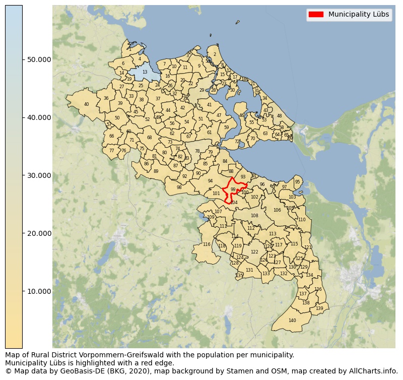 Map of Rural district Vorpommern-Greifswald with the population per municipality.Municipality Lübs is highlighted with a red edge.. This page shows a lot of information about residents (such as the distribution by age groups, family composition, gender, native or German with an immigration background, ...), homes (numbers, types, price development, use, type of property, ...) and more (car ownership, energy consumption, ...) based on open data from the German Federal Agency for Cartography, the Federal Statistical Office (DESTATIS), the Regional Statistical Offices and various other sources!