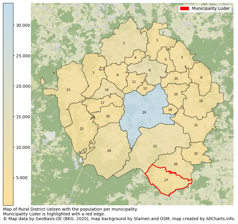 Map of Rural district Uelzen with the population per municipality.Municipality Lüder is highlighted with a red edge.. This page shows a lot of information about residents (such as the distribution by age groups, family composition, gender, native or German with an immigration background, ...), homes (numbers, types, price development, use, type of property, ...) and more (car ownership, energy consumption, ...) based on open data from the German Federal Agency for Cartography, the Federal Statistical Office (DESTATIS), the Regional Statistical Offices and various other sources!