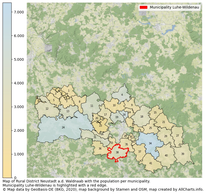 Map of Rural district Neustadt a.d. Waldnaab with the population per municipality.Municipality Luhe-Wildenau is highlighted with a red edge.. This page shows a lot of information about residents (such as the distribution by age groups, family composition, gender, native or German with an immigration background, ...), homes (numbers, types, price development, use, type of property, ...) and more (car ownership, energy consumption, ...) based on open data from the German Federal Agency for Cartography, the Federal Statistical Office (DESTATIS), the Regional Statistical Offices and various other sources!
