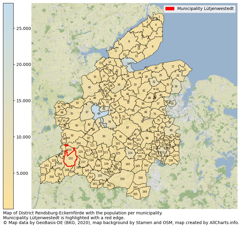 Map of District Rendsburg-Eckernförde with the population per municipality.Municipality Lütjenwestedt is highlighted with a red edge.. This page shows a lot of information about residents (such as the distribution by age groups, family composition, gender, native or German with an immigration background, ...), homes (numbers, types, price development, use, type of property, ...) and more (car ownership, energy consumption, ...) based on open data from the German Federal Agency for Cartography, the Federal Statistical Office (DESTATIS), the Regional Statistical Offices and various other sources!