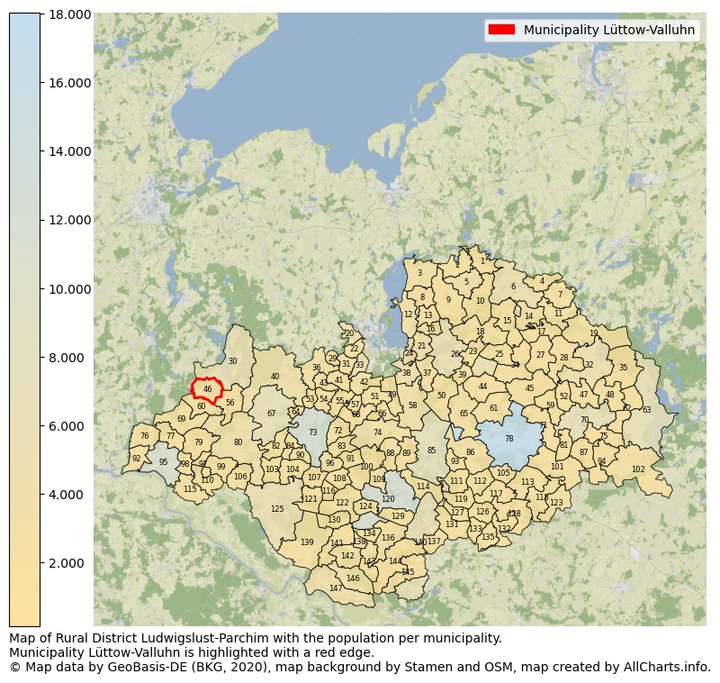 Map of Rural district Ludwigslust-Parchim with the population per municipality.Municipality Lüttow-Valluhn is highlighted with a red edge.. This page shows a lot of information about residents (such as the distribution by age groups, family composition, gender, native or German with an immigration background, ...), homes (numbers, types, price development, use, type of property, ...) and more (car ownership, energy consumption, ...) based on open data from the German Federal Agency for Cartography, the Federal Statistical Office (DESTATIS), the Regional Statistical Offices and various other sources!