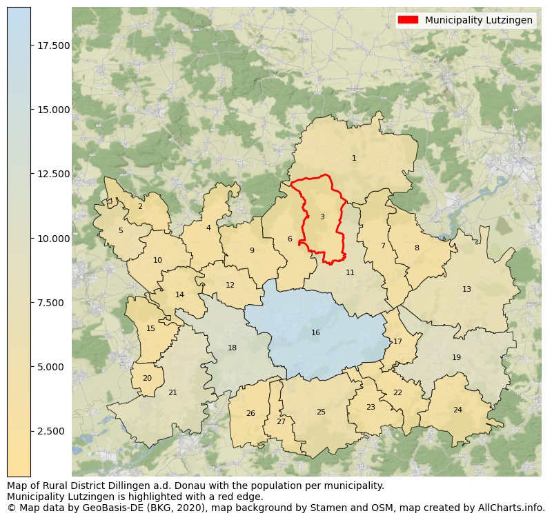 Map of Rural district Dillingen a.d. Donau with the population per municipality.Municipality Lutzingen is highlighted with a red edge.. This page shows a lot of information about residents (such as the distribution by age groups, family composition, gender, native or German with an immigration background, ...), homes (numbers, types, price development, use, type of property, ...) and more (car ownership, energy consumption, ...) based on open data from the German Federal Agency for Cartography, the Federal Statistical Office (DESTATIS), the Regional Statistical Offices and various other sources!