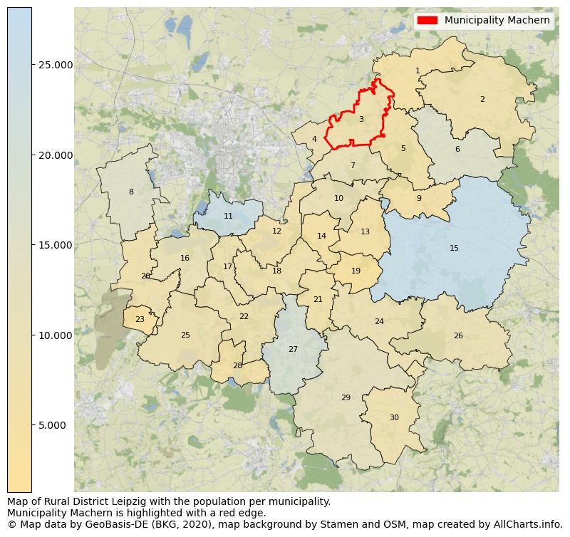 Map of Rural district Leipzig with the population per municipality.Municipality Machern is highlighted with a red edge.. This page shows a lot of information about residents (such as the distribution by age groups, family composition, gender, native or German with an immigration background, ...), homes (numbers, types, price development, use, type of property, ...) and more (car ownership, energy consumption, ...) based on open data from the German Federal Agency for Cartography, the Federal Statistical Office (DESTATIS), the Regional Statistical Offices and various other sources!